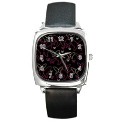 Pink Neon Butterflies Square Metal Watch by Valentinaart