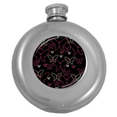 Pink Neon Butterflies Round Hip Flask (5 Oz) by Valentinaart