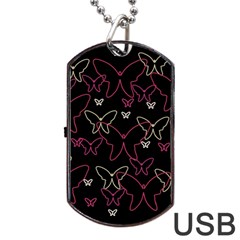 Pink Neon Butterflies Dog Tag Usb Flash (one Side) by Valentinaart