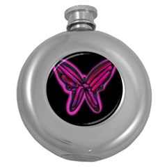 Purple Neon Butterfly Round Hip Flask (5 Oz) by Valentinaart