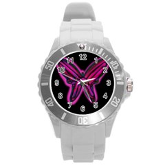 Purple Neon Butterfly Round Plastic Sport Watch (l) by Valentinaart