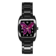 Purple Neon Butterfly Stainless Steel Barrel Watch by Valentinaart