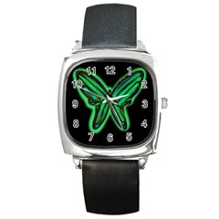 Green Neon Butterfly Square Metal Watch by Valentinaart