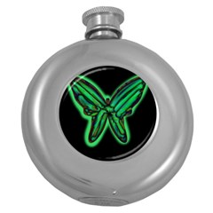 Green Neon Butterfly Round Hip Flask (5 Oz) by Valentinaart