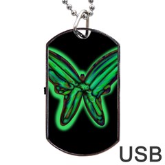 Green Neon Butterfly Dog Tag Usb Flash (two Sides)  by Valentinaart