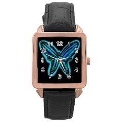 Blue Butterfly Rose Gold Leather Watch  by Valentinaart