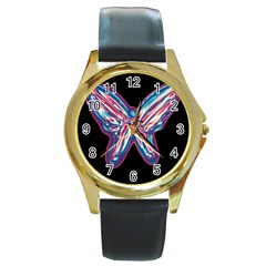 Neon Butterfly Round Gold Metal Watch by Valentinaart