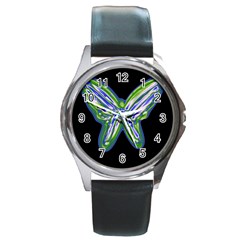 Green Neon Butterfly Round Metal Watch by Valentinaart