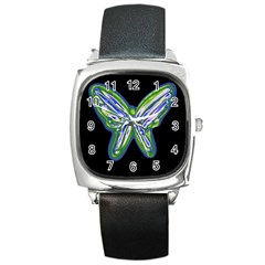 Green Neon Butterfly Square Metal Watch by Valentinaart