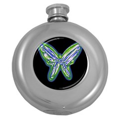 Green Neon Butterfly Round Hip Flask (5 Oz) by Valentinaart