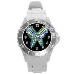 Green Neon Butterfly Round Plastic Sport Watch (l) by Valentinaart