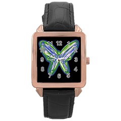 Green Neon Butterfly Rose Gold Leather Watch  by Valentinaart