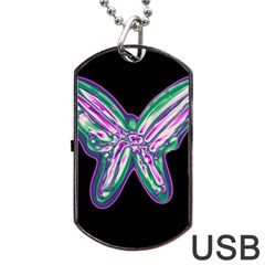 Neon Butterfly Dog Tag Usb Flash (one Side) by Valentinaart