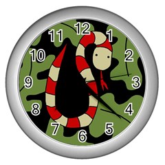 Red Cartoon Snake Wall Clocks (silver)  by Valentinaart