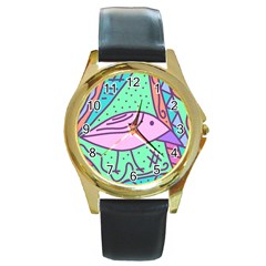 Pink Pastel Bird Round Gold Metal Watch by Valentinaart