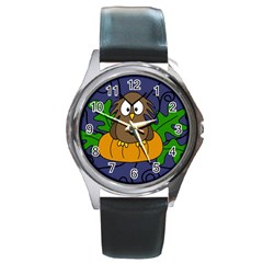 Halloween Owl And Pumpkin Round Metal Watch by Valentinaart