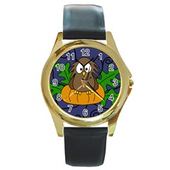 Halloween Owl And Pumpkin Round Gold Metal Watch by Valentinaart