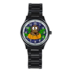 Halloween Owl And Pumpkin Stainless Steel Round Watch by Valentinaart