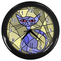 Artistic Cat - Blue Wall Clocks (black) by Valentinaart