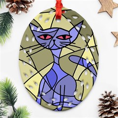 Artistic Cat - Blue Oval Filigree Ornament (2-side)  by Valentinaart