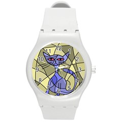 Artistic Cat - Blue Round Plastic Sport Watch (m) by Valentinaart