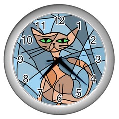 Artistic  Cat - Orange Wall Clocks (silver)  by Valentinaart