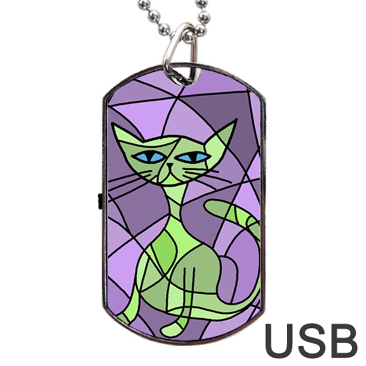 Artistic cat - green Dog Tag USB Flash (One Side)