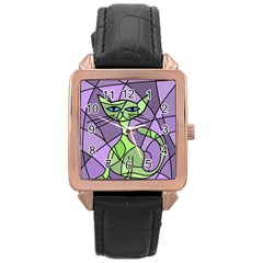 Artistic Cat - Green Rose Gold Leather Watch  by Valentinaart