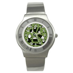 Playful Abstract Art - Green Stainless Steel Watch by Valentinaart