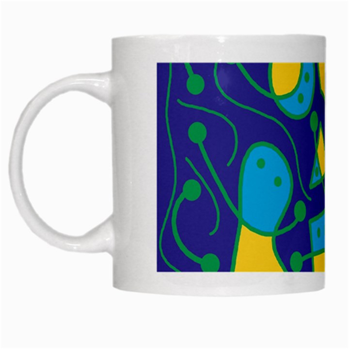 Playful abstract art - blue and yellow White Mugs