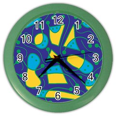 Playful Abstract Art - Blue And Yellow Color Wall Clocks by Valentinaart