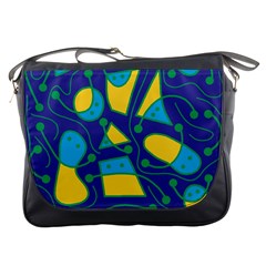 Playful Abstract Art - Blue And Yellow Messenger Bags by Valentinaart