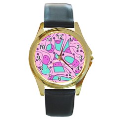 Playful Abstract Art - Pink Round Gold Metal Watch by Valentinaart