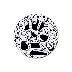 Playful Abstract Art - White And Black Rubber Coaster (round)  by Valentinaart