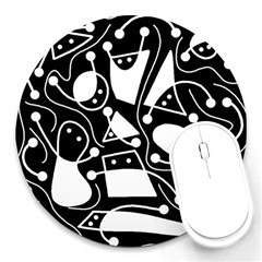 Playful Abstract Art - Black And White Round Mousepads by Valentinaart