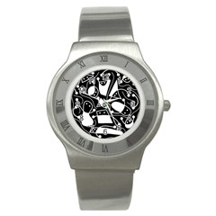 Playful Abstract Art - Black And White Stainless Steel Watch by Valentinaart