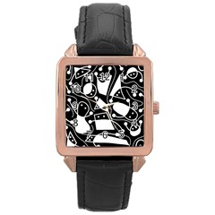 Playful Abstract Art - Black And White Rose Gold Leather Watch  by Valentinaart