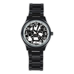 Playful Abstract Art - Black And White Stainless Steel Round Watch by Valentinaart