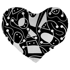 Playful Abstract Art - Black And White Large 19  Premium Flano Heart Shape Cushions by Valentinaart