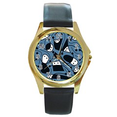 Playful Abstract Art - Blue Round Gold Metal Watch by Valentinaart