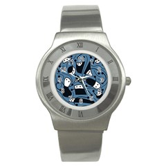 Playful Abstract Art - Blue Stainless Steel Watch by Valentinaart