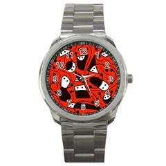 Playful Abstract Art - Red Sport Metal Watch by Valentinaart