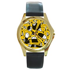 Playful abstract art - Yellow Round Gold Metal Watch