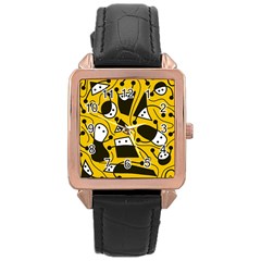 Playful abstract art - Yellow Rose Gold Leather Watch 