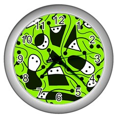 Playful Abstract Art - Green Wall Clocks (silver)  by Valentinaart