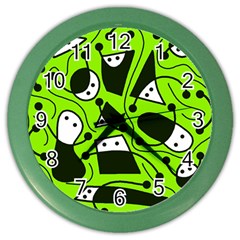 Playful Abstract Art - Green Color Wall Clocks by Valentinaart