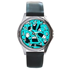 Playful Abstract Art - Cyan Round Metal Watch by Valentinaart