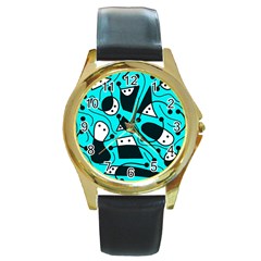 Playful Abstract Art - Cyan Round Gold Metal Watch by Valentinaart