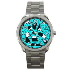 Playful Abstract Art - Cyan Sport Metal Watch by Valentinaart