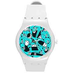 Playful Abstract Art - Cyan Round Plastic Sport Watch (m) by Valentinaart